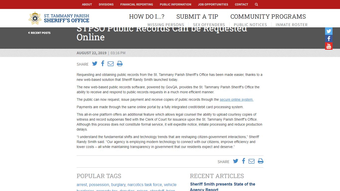 STPSO Public Records Can be Requested Online | Homepage ...